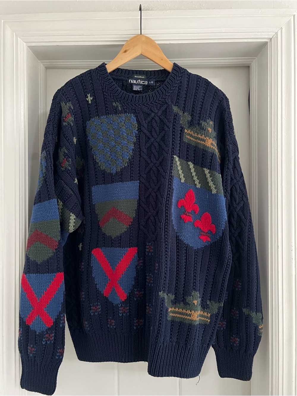 Vintage Nautica Handknit Patchwork Cable Knit Sweater Blue Size Large